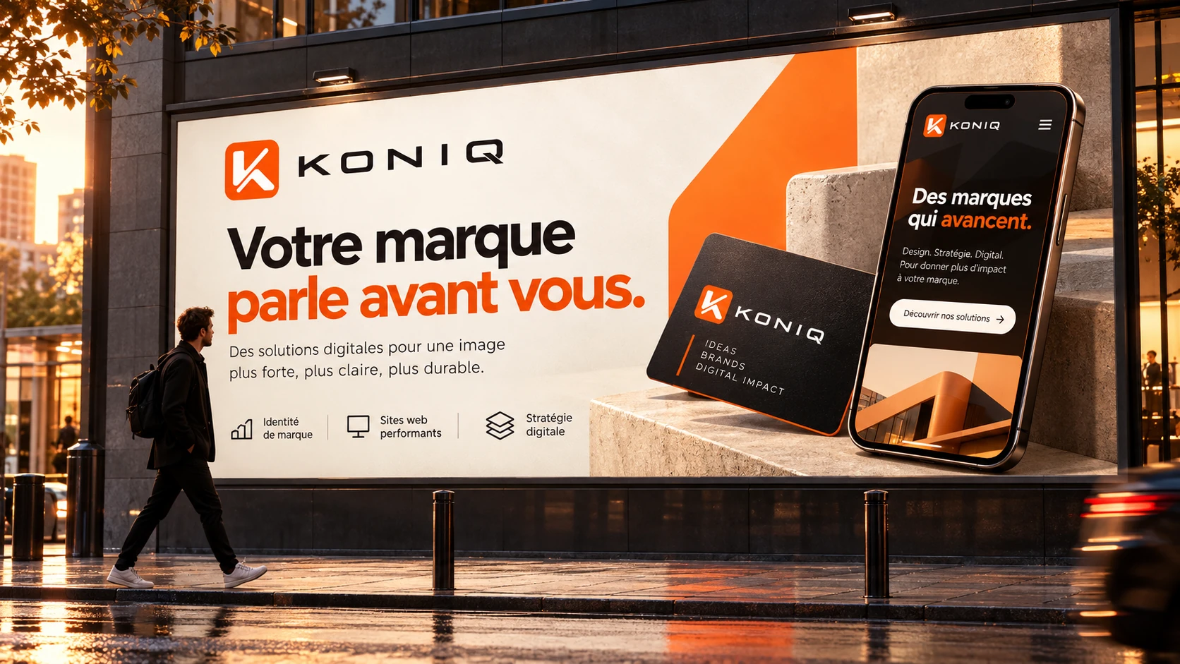 Affiche KONIQ dans la rue, vue par un passant
