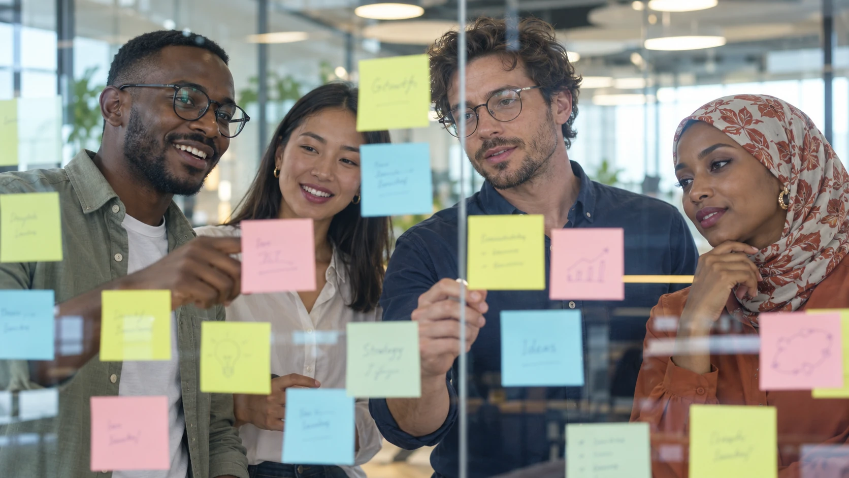 Équipe en atelier devant un mur de notes