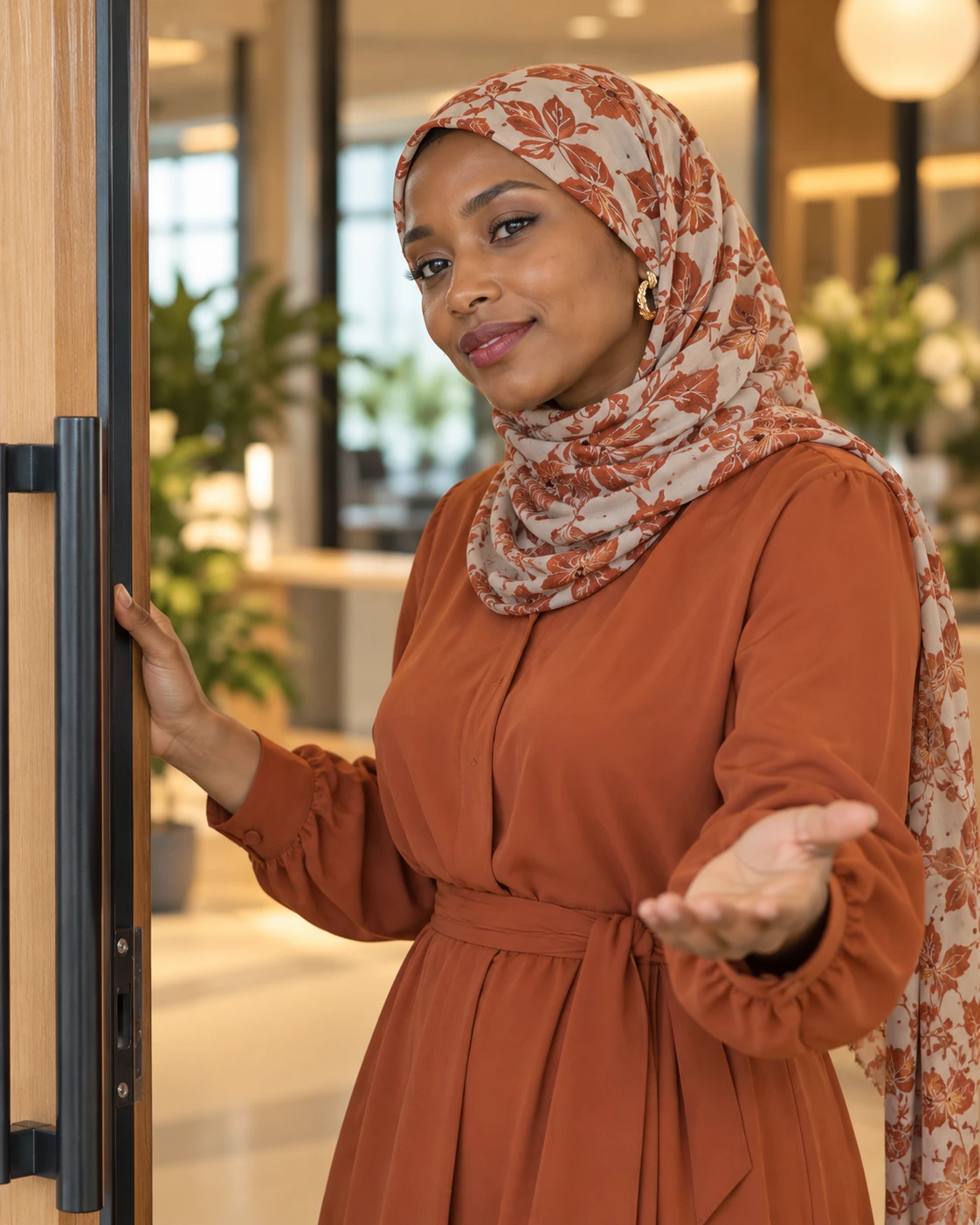 Une femme ouvre la porte et invite à entrer