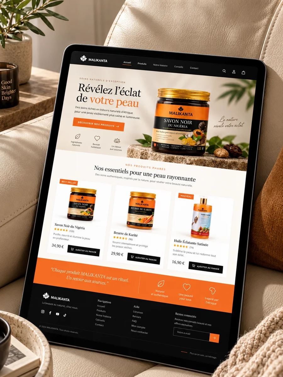 Site e-commerce MALIKANTA sur tablette