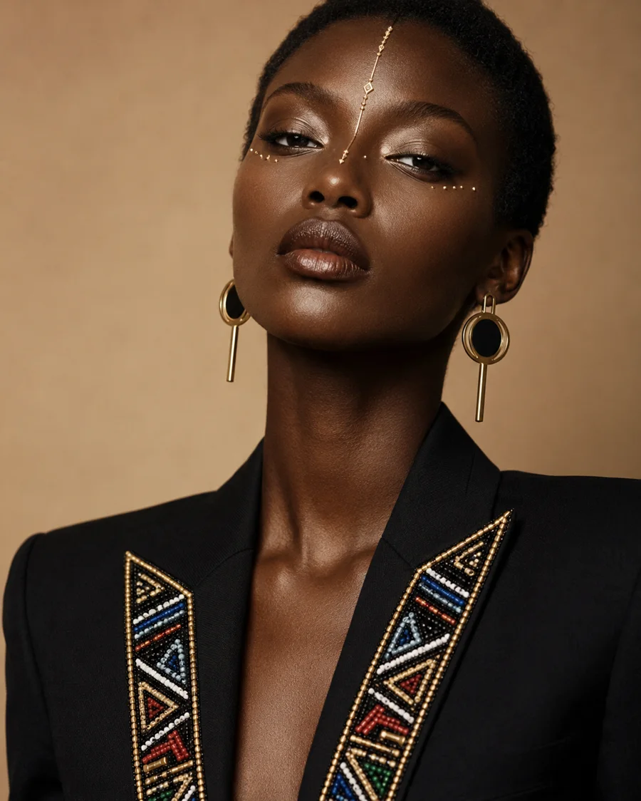 Portrait DAKAARO, veste noire aux revers Ndebele