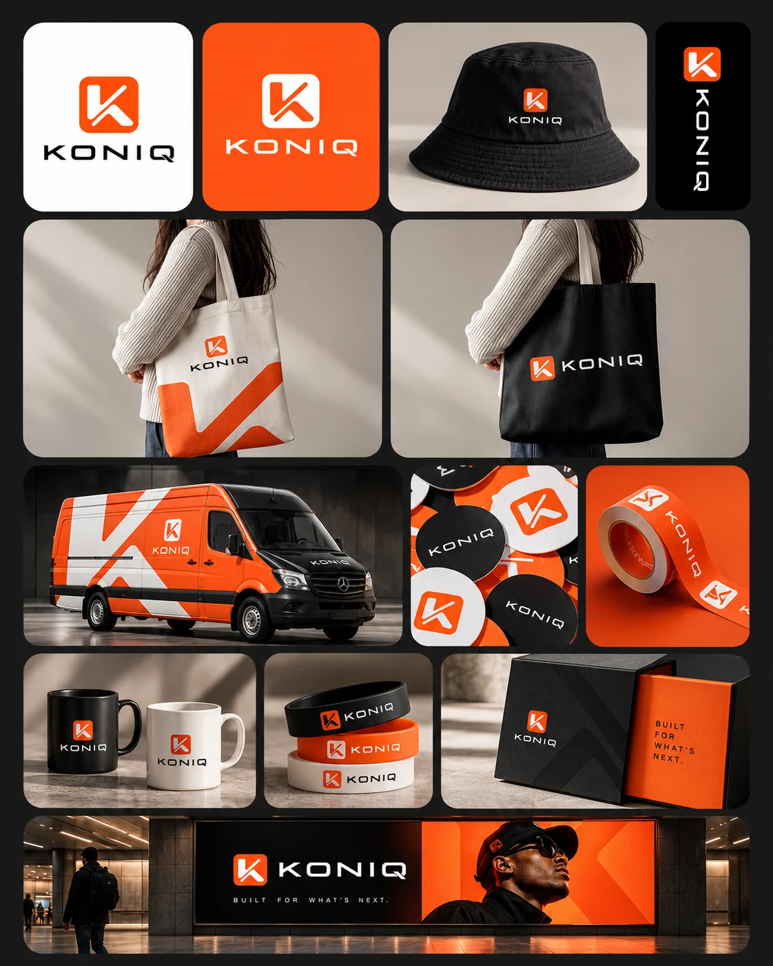 Planche de marque Koniq : logo, merchandising, véhicule, affichage