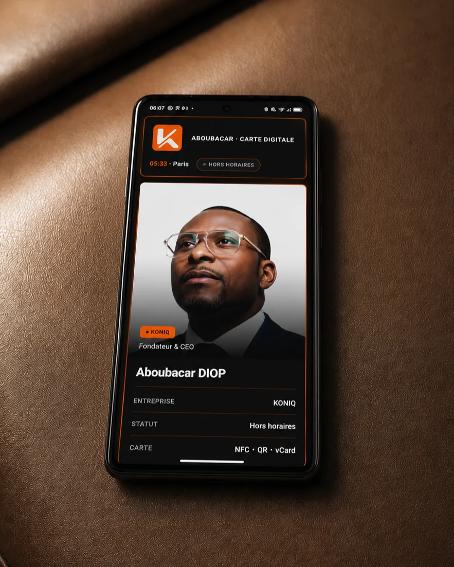 Carte digitale Koniq affichée sur smartphone, profil Aboubacar Diop, fondateur