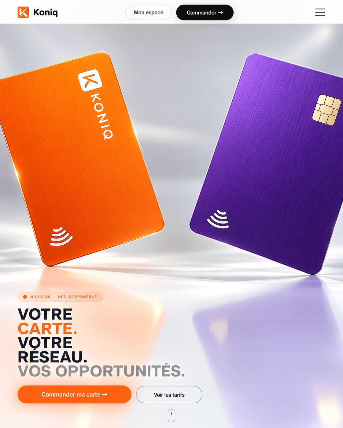 Interface Koniq : la page d'accueil de koniqcard.com, cartes orange et violette, résultat final de la marque