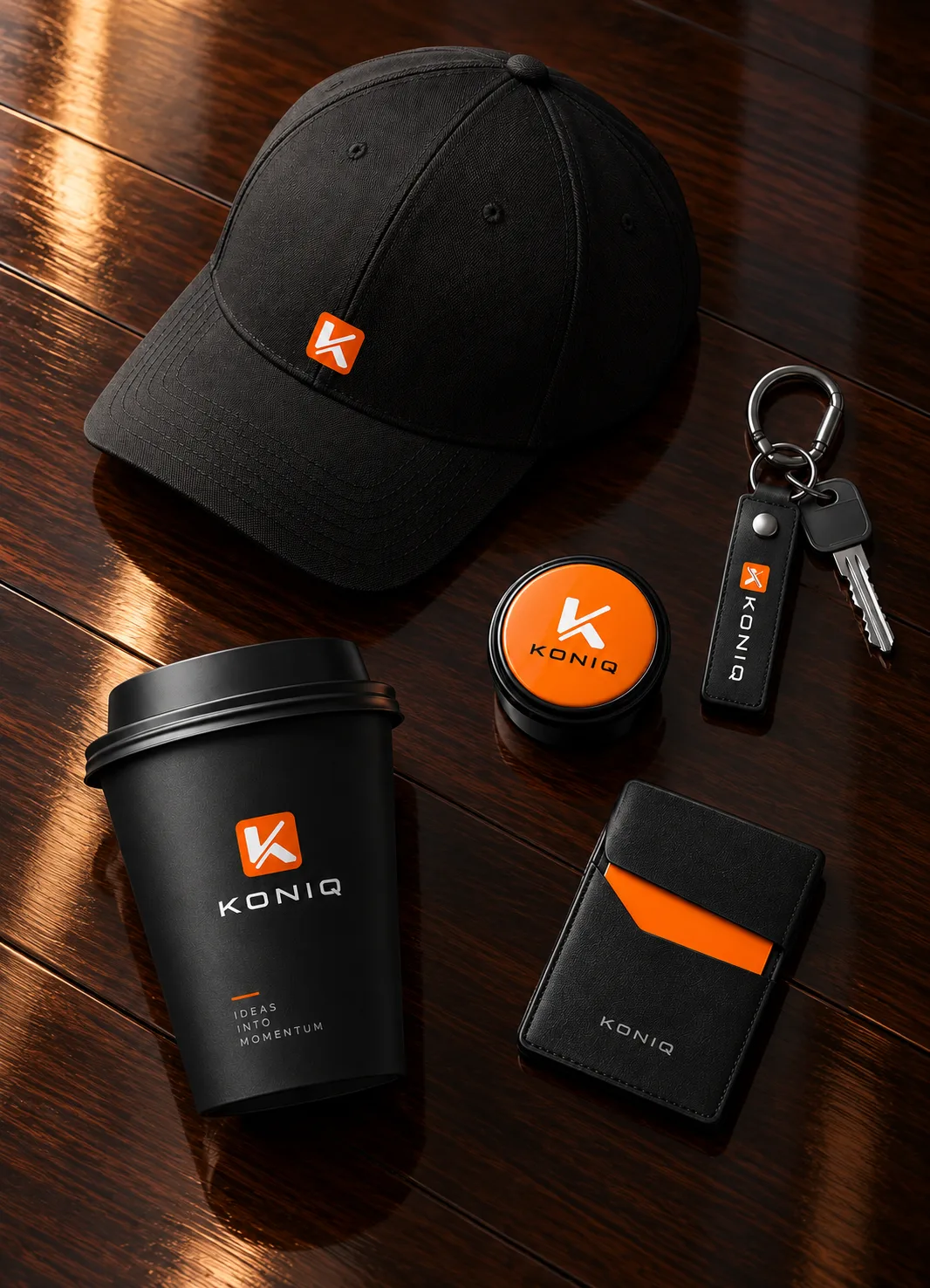 Objets de marque Koniq : casquette, mug, porte-clés et porte-cartes noirs et orange