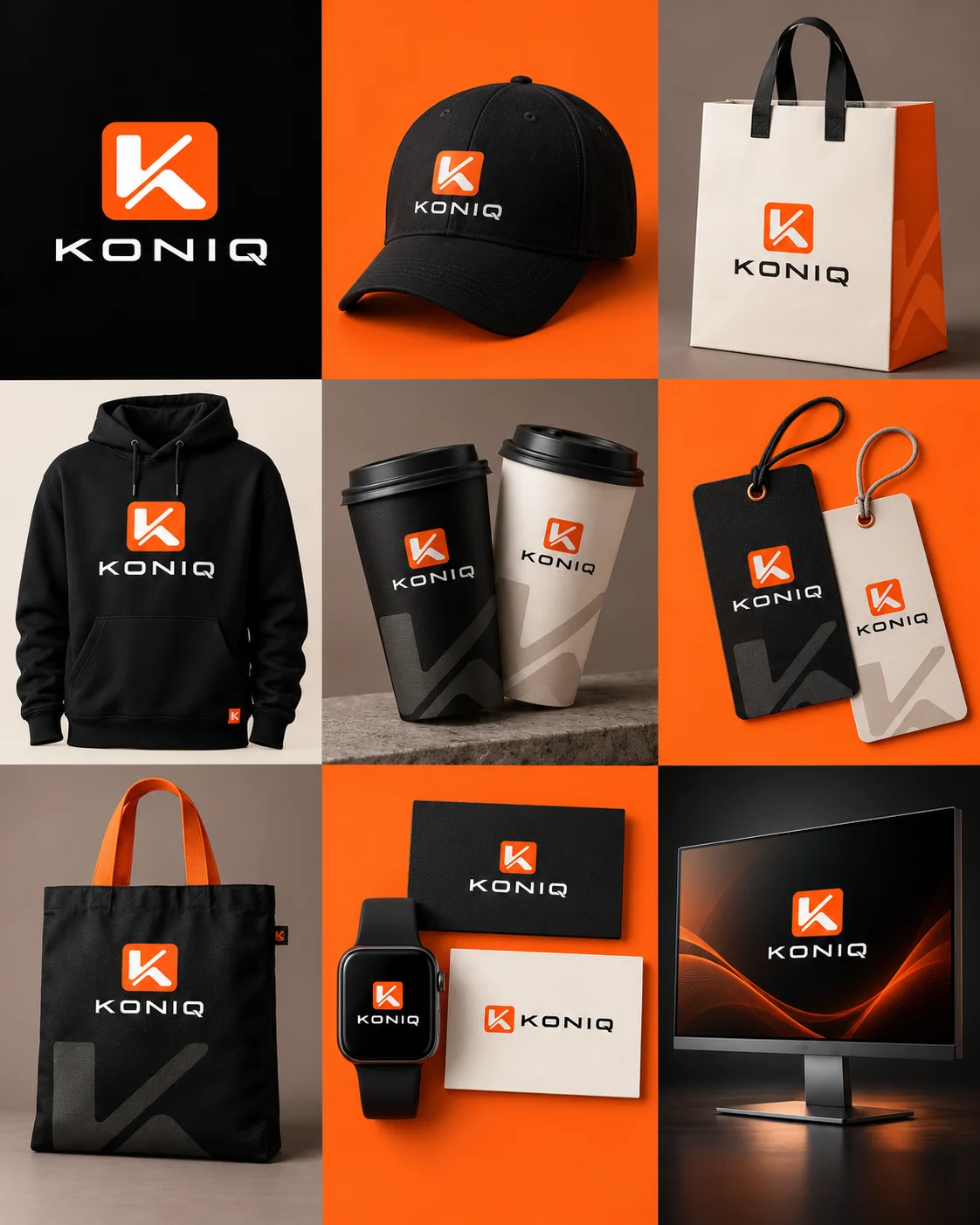 Planche multi-supports Koniq : sweat, casquette, sac, gobelets, étiquettes, montre, écran