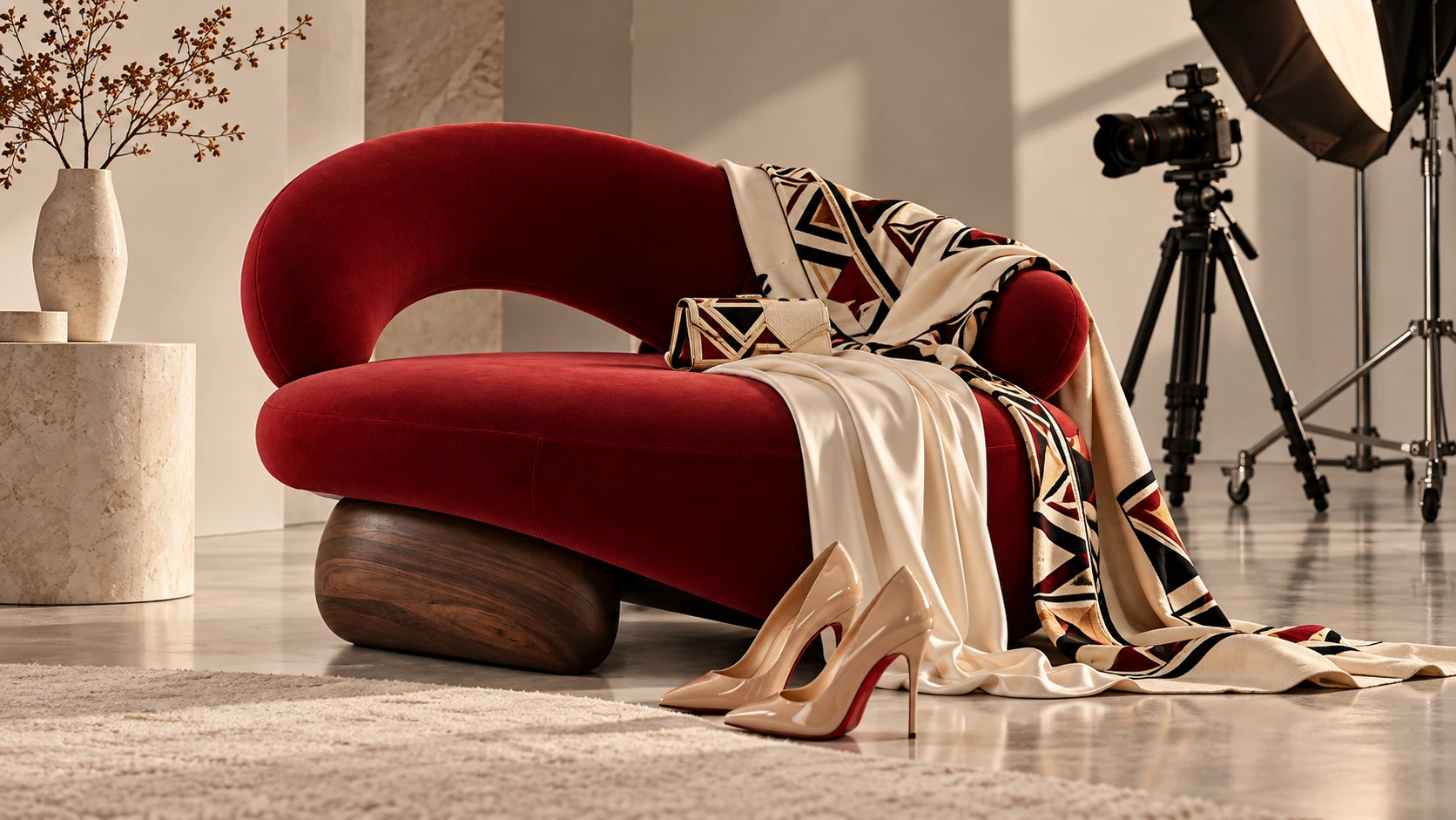 Fauteuil rouge dans un studio photo, étoffe et escarpins : l'univers SENTEKIA