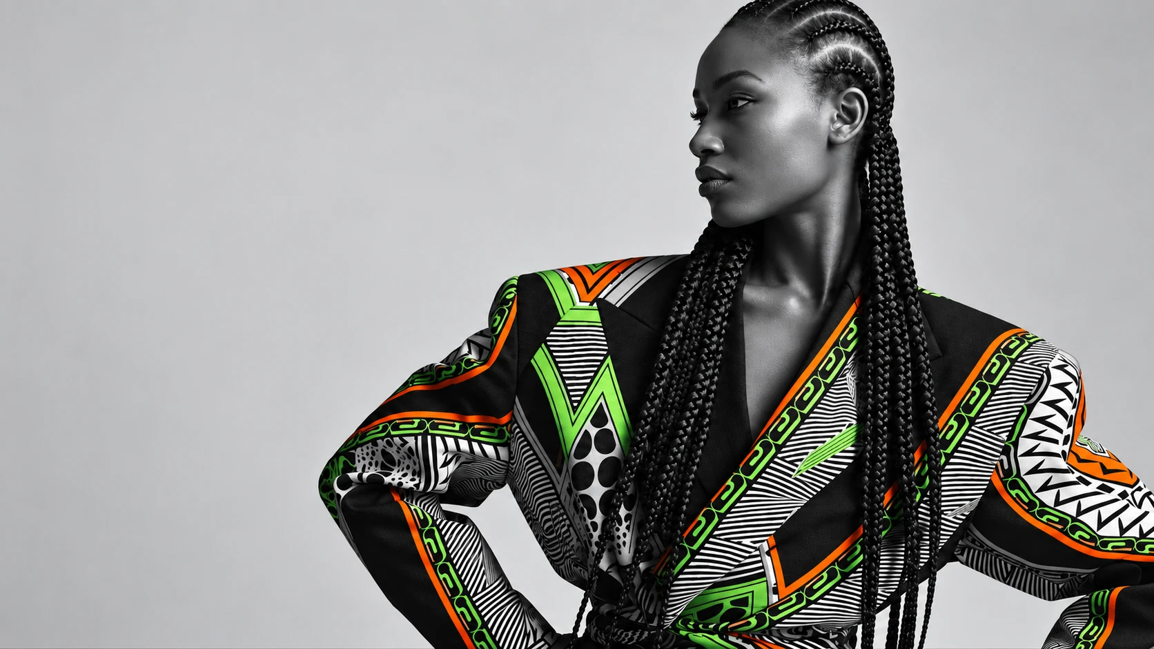 Portrait de mode, veste aux motifs africains