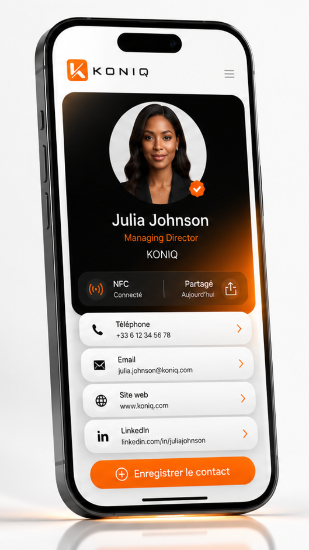 Interface de l'application KONIQ, profil de contact partagé