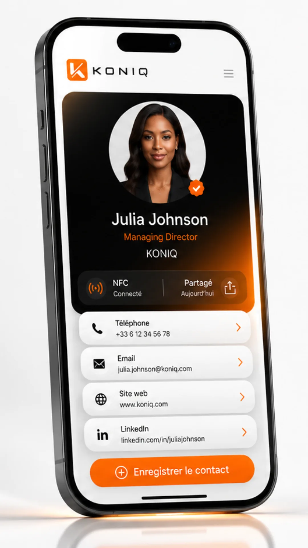 Carte de visite digitale Koniq affichée sur smartphone