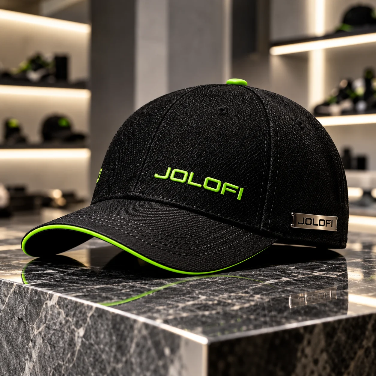 Casquette noire JOLOFI, logotype brodé vert néon et liseré vert