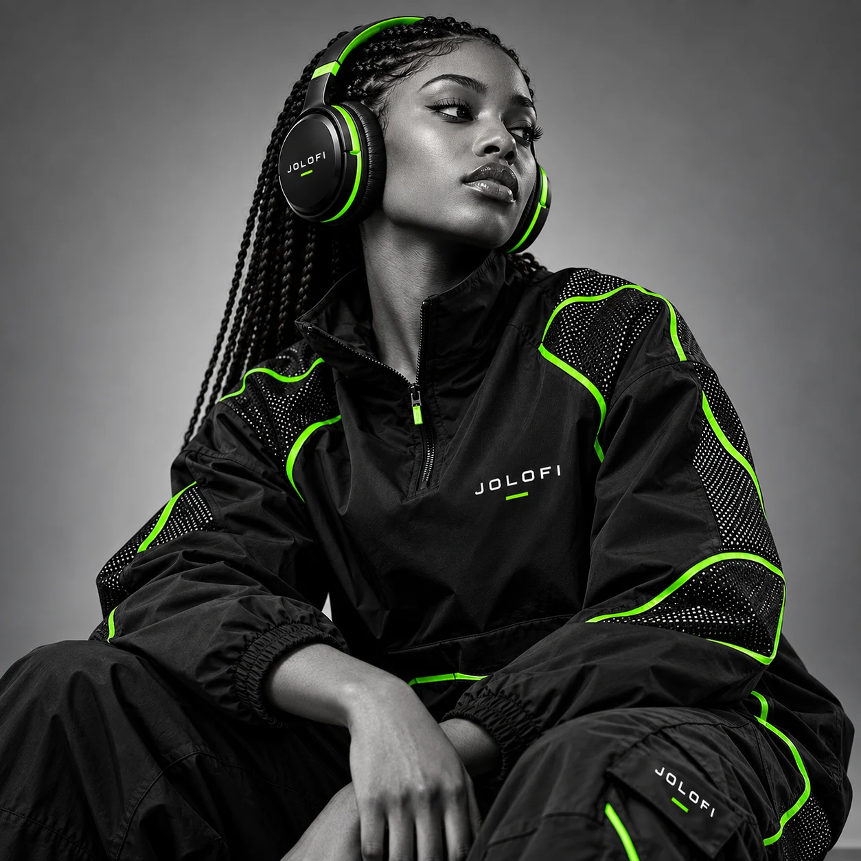 Ensemble noir JOLOFI à lignes vert néon, casque au logotype blanc