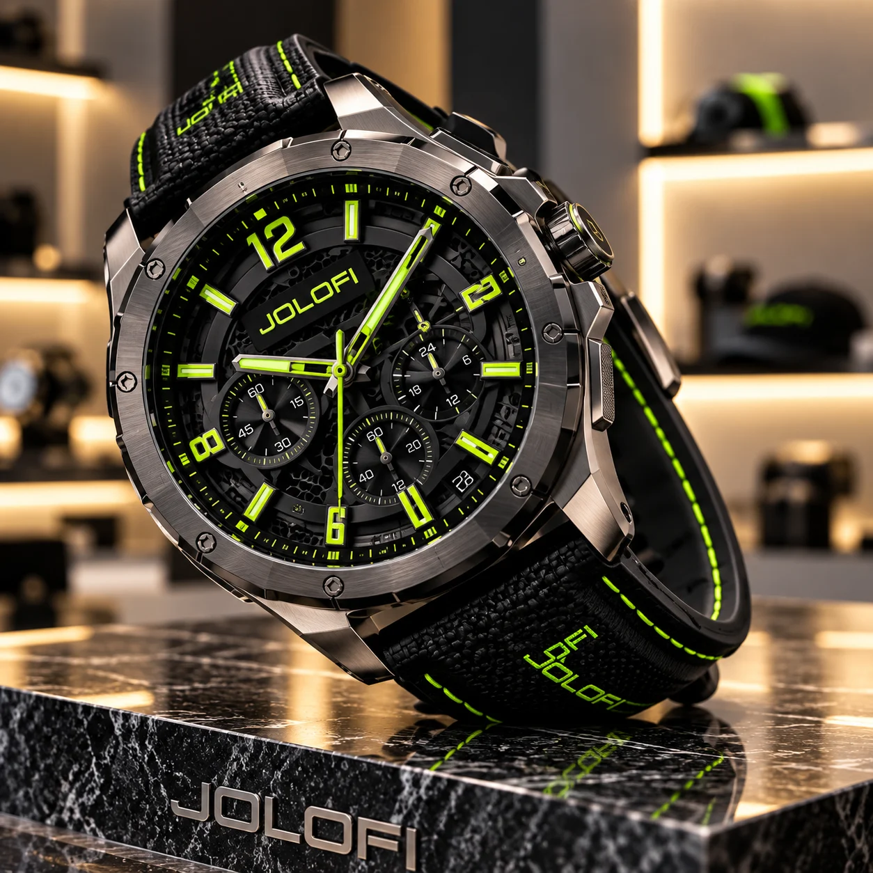 Montre JOLOFI, cadran noir, chiffres et aiguilles vert néon