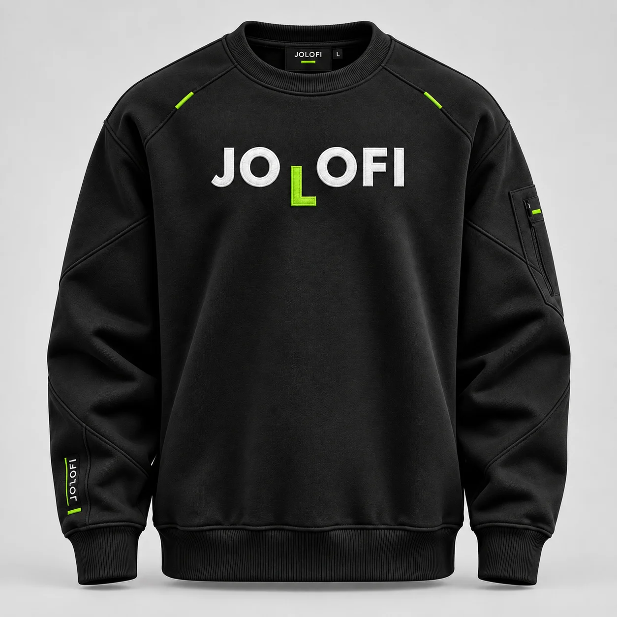 Sweat noir JOLOFI, logotype brodé avec le L en vert néon