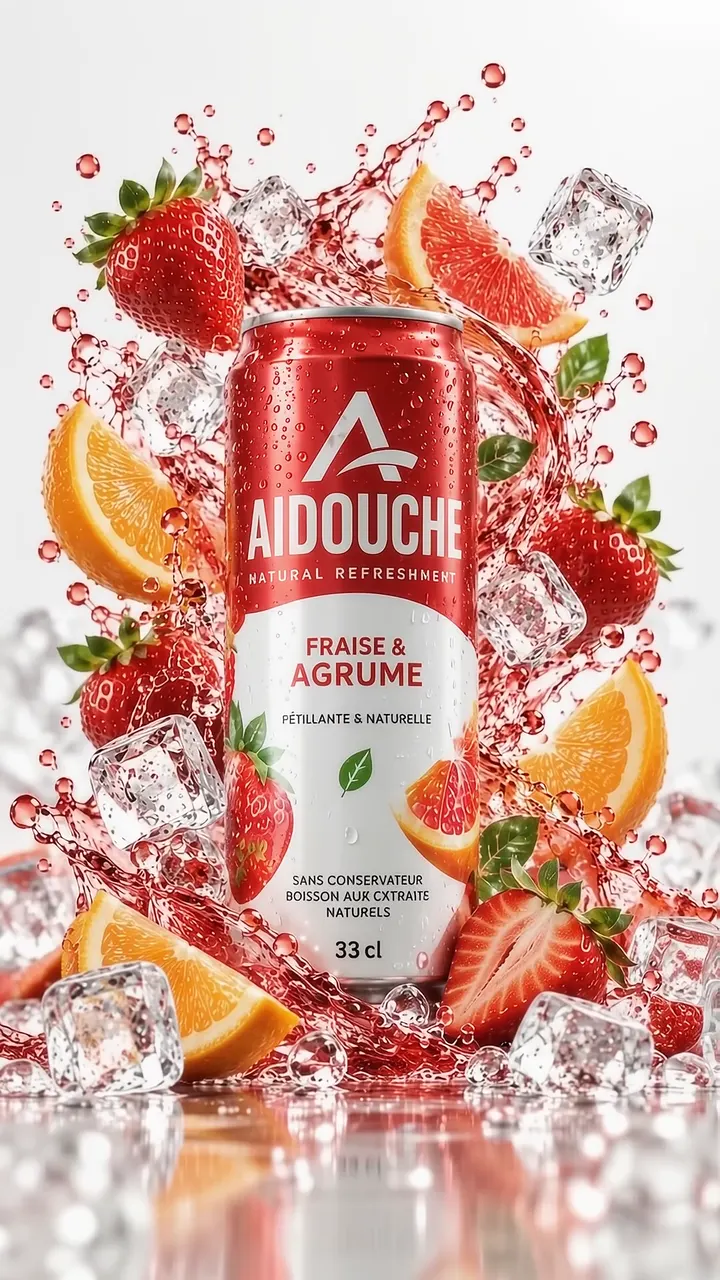 Aidouche : canette et fruits en éclaboussures